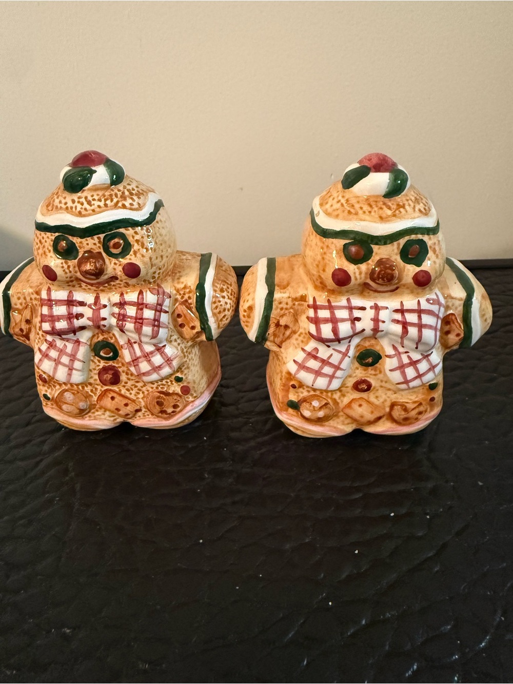 Gingerbread Ceramic Salt and Pepper Shakers - Brown and Green Holiday Christmas